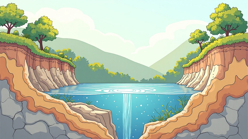 Ilustrace geologických vrstev pod zemí s průtokem minerální vody skrz horniny a písek