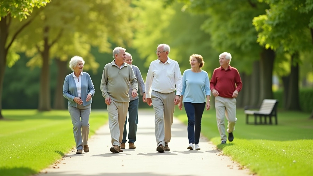 Skupina seniorů procházejí parkovou cestou s zelení kolem nich a lavičkou v pozadí