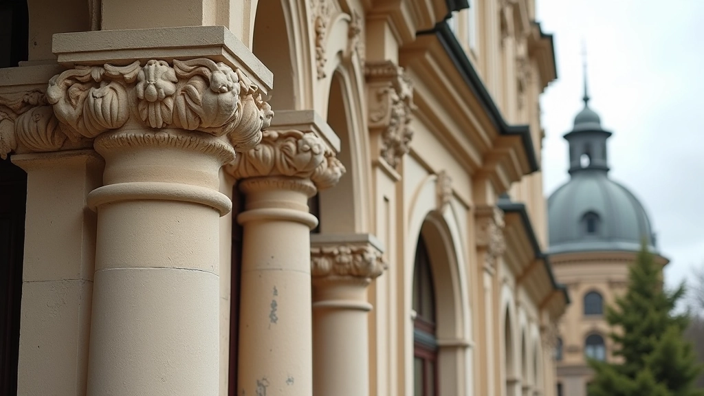 Detail architektury s ozdobami a historickými prvky kolonády